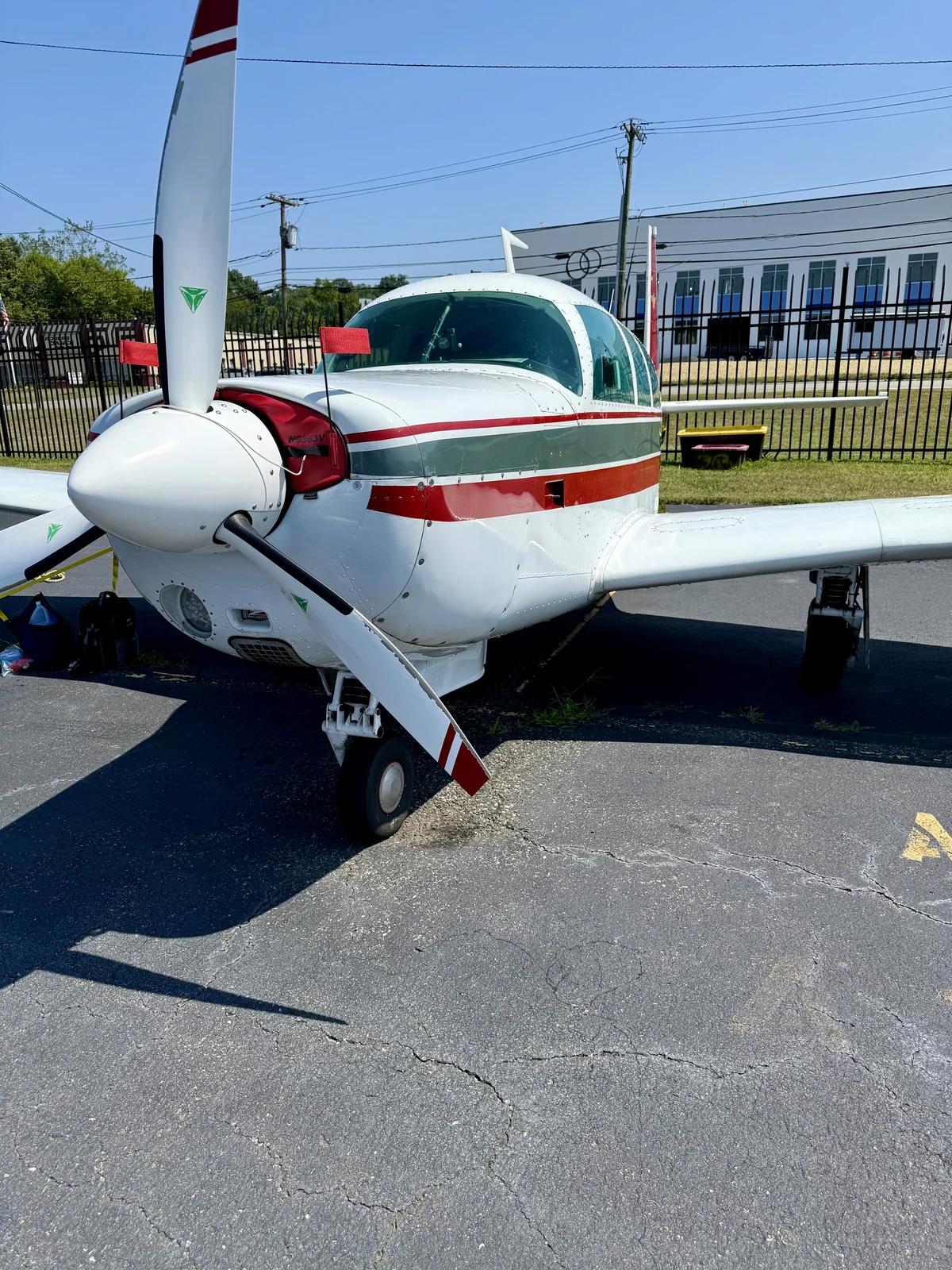 N9363V head-on, showing the cowl and three-blade MT propeller